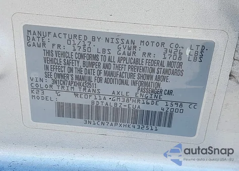 2017 Nissan Versa 1.6 Sv from USA, damaged, VIN 3N1CN7APXHK432511